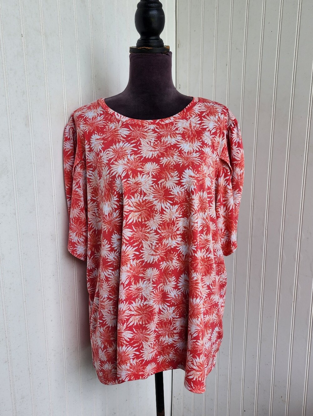 MICHAEL KORS Coral Orange Floral Sangria Shirt Stretch Tulip Sleeve Plus Size 2X